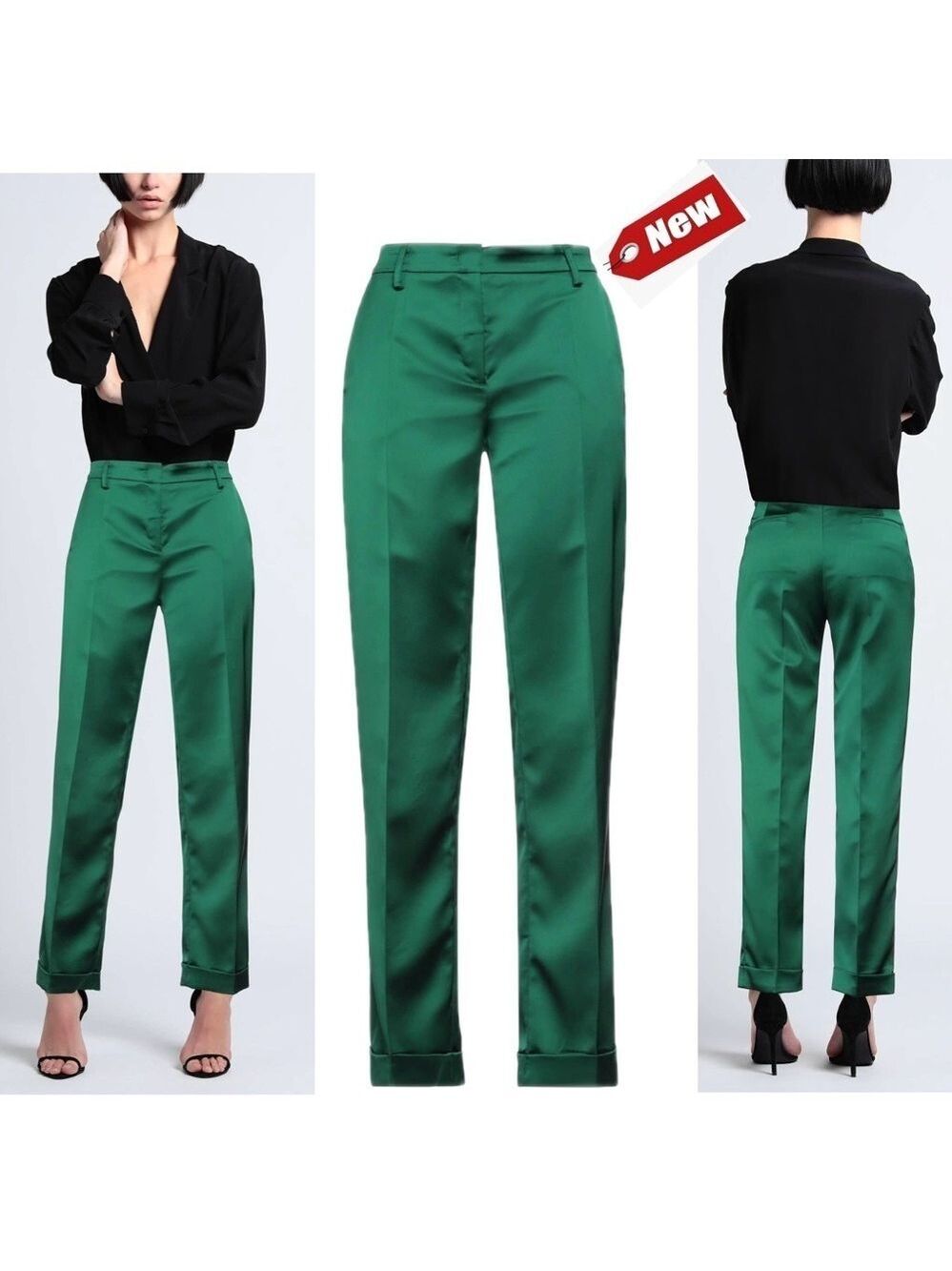 DOUUOD emerald green satin high waisted cuffed hem straight tailored pants NWT